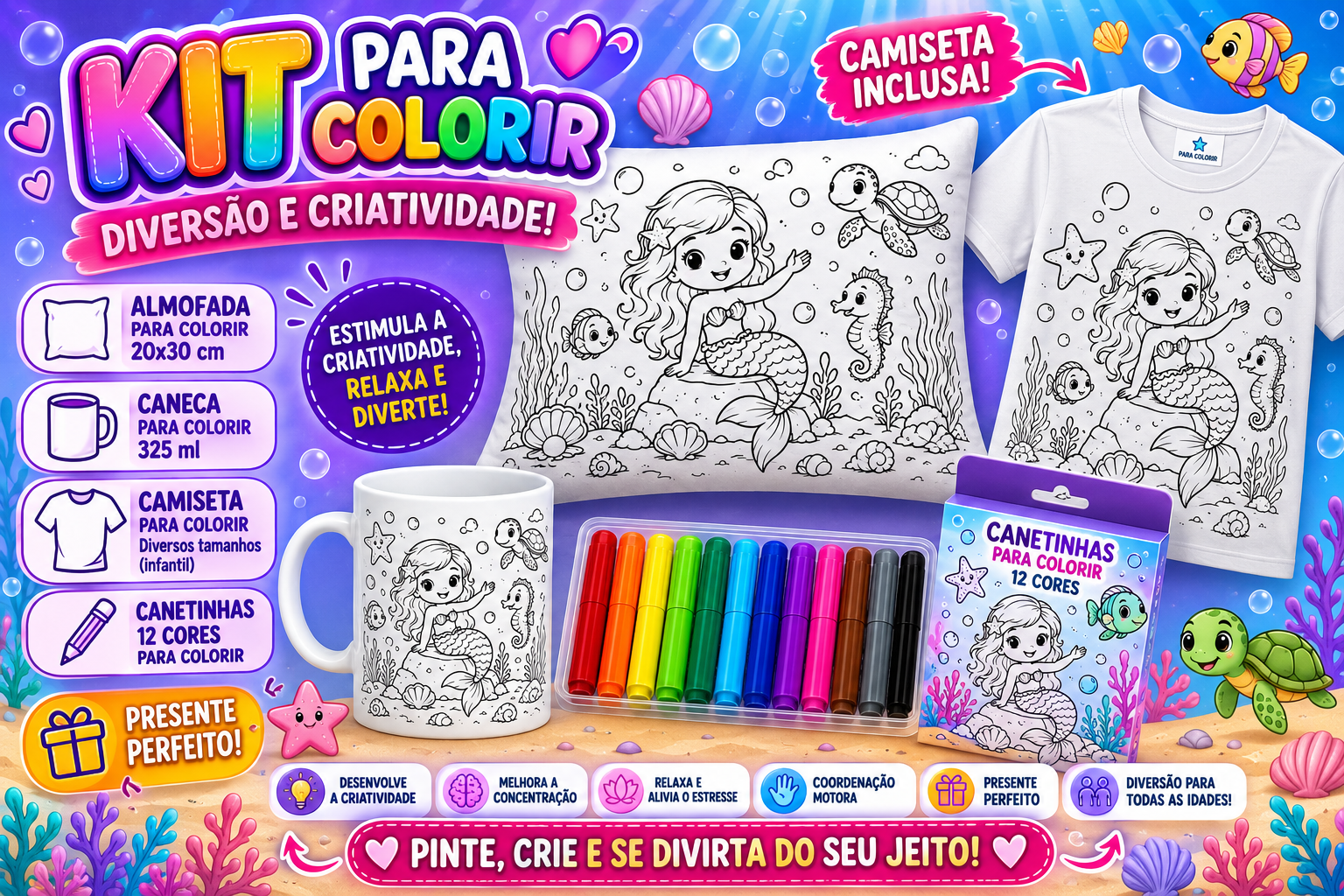 Kit personalizado completo tema sereia com caneca, almofada, camiseta e canetinhas